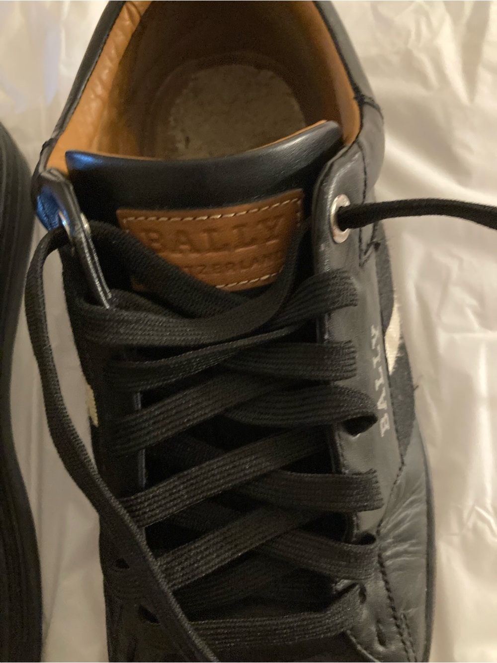 Bally Men’s Black Leather Low-Top Sneaker with Tan Logo Patch